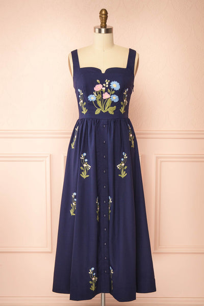 Jolienne Navy Embroidered Wildflower Notched Square-Neck Midi