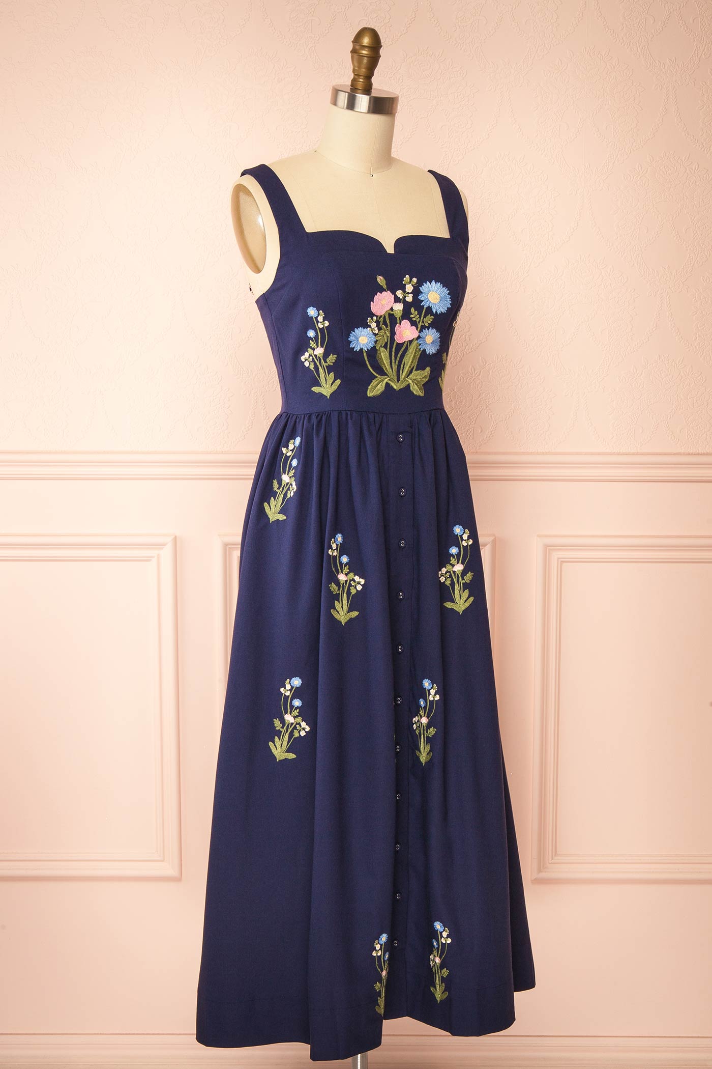 Profile view Jolienne Embroidered Wildflower Notched Square-Neck Midi Dress at boutique 1861