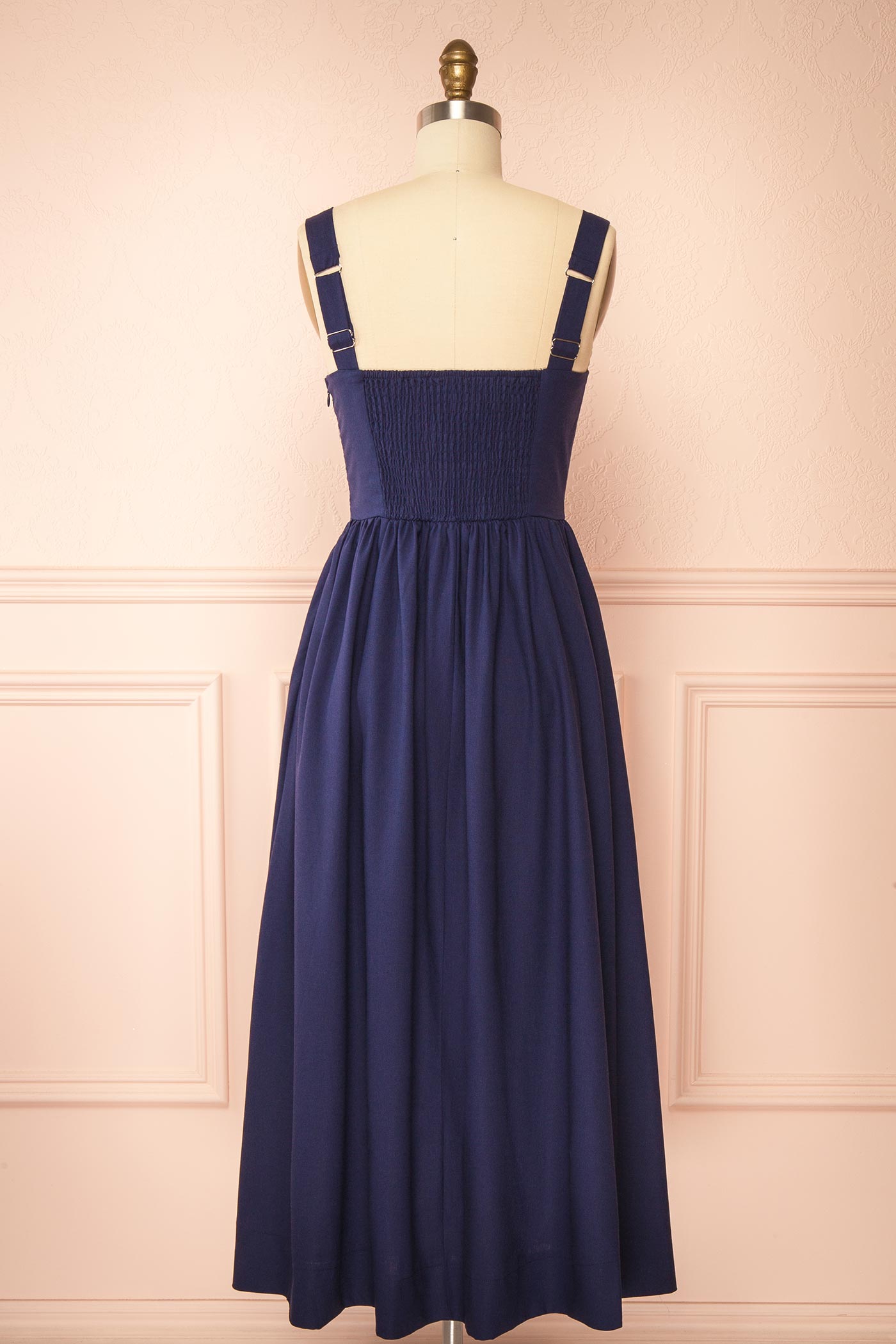 Jolienne Navy Embroidered Wildflower Notched Square-Neck Midi
