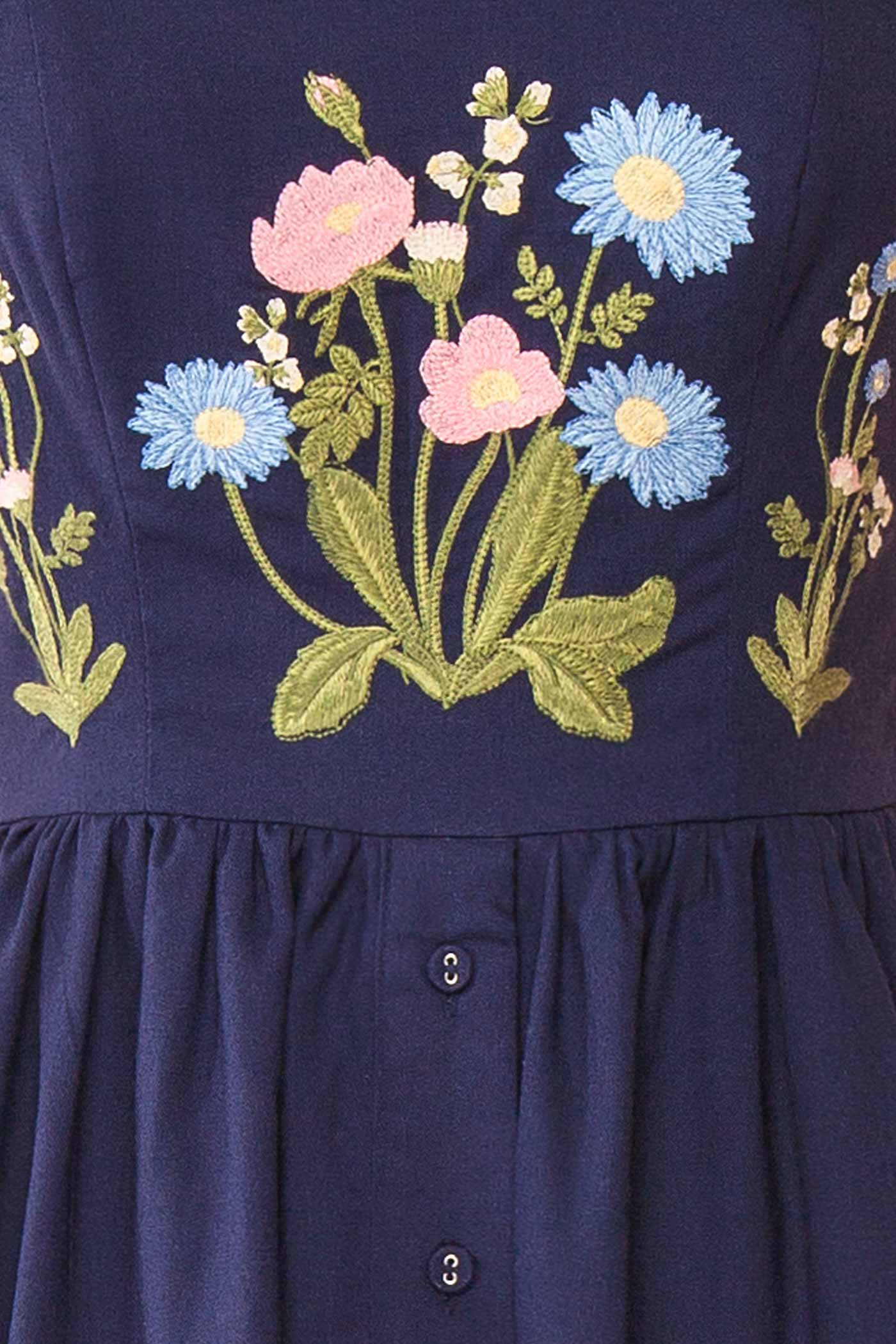 Jolienne Navy Embroidered Wildflower Notched Square-Neck Midi