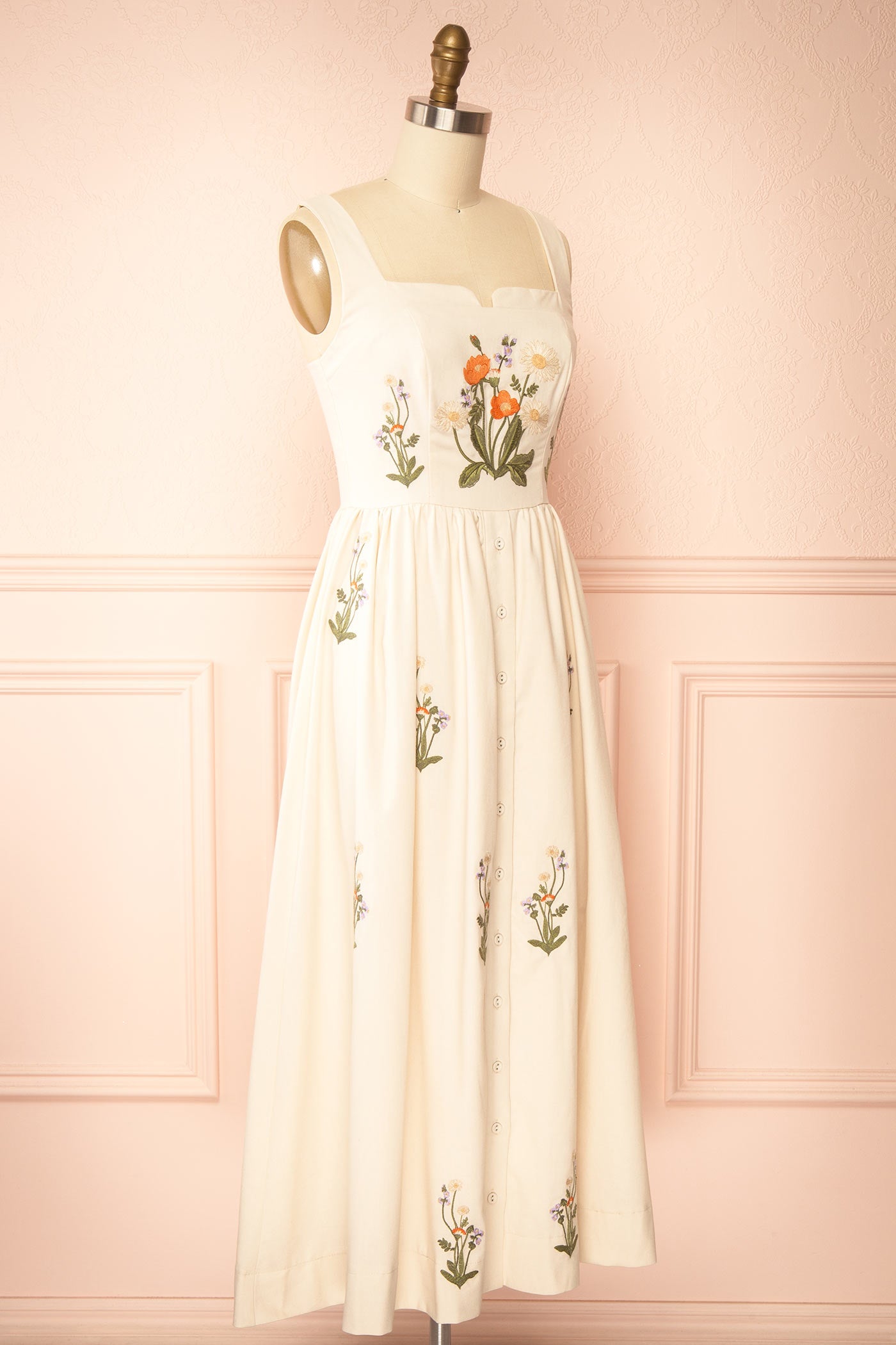 Jolienne Beige Embroidered Wildflower Notched Square-Neck Midi Dress | Boutique 1861 side 