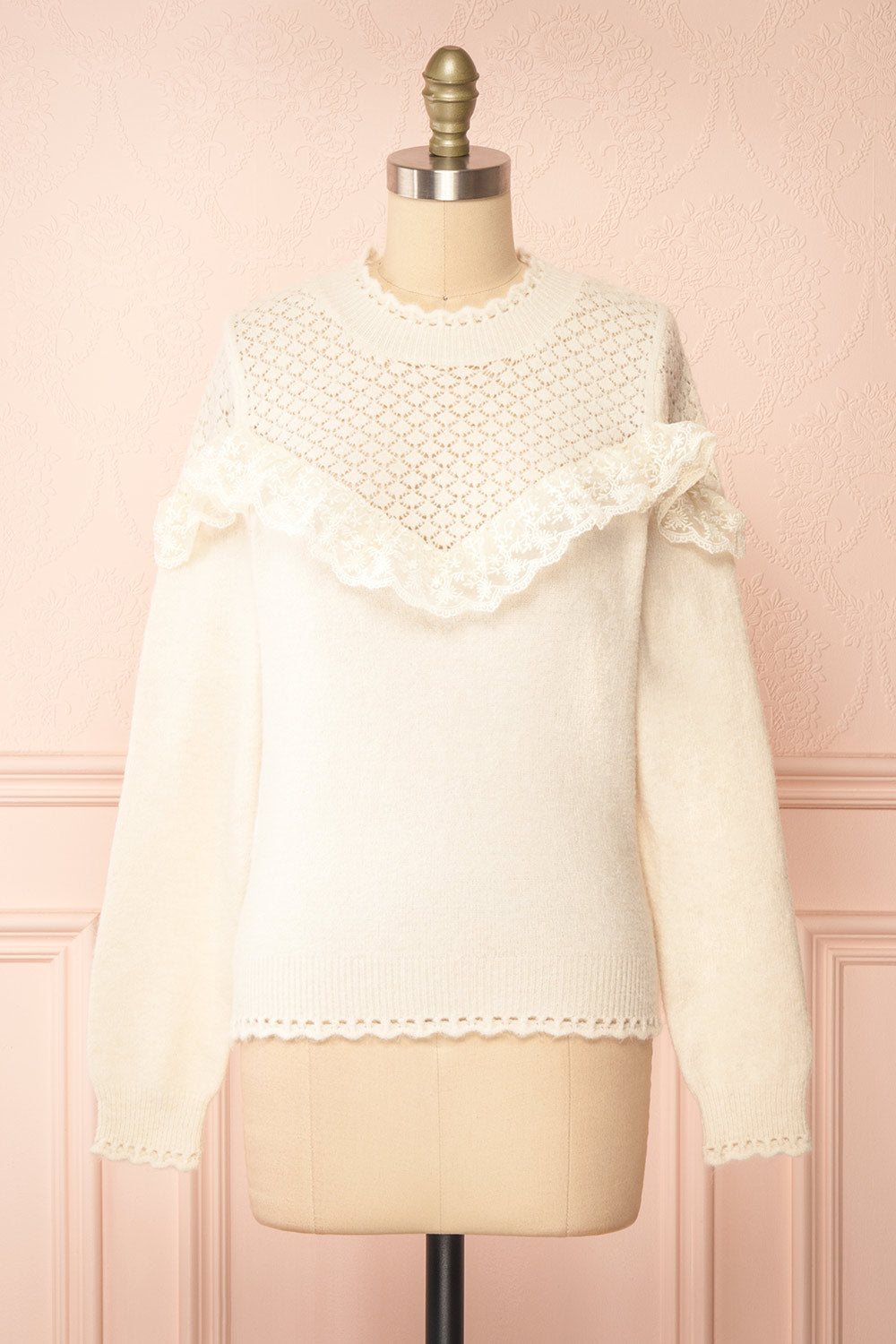 Jonadine Ivory Ruffled Knit Sweater | Boutique 1861  front view