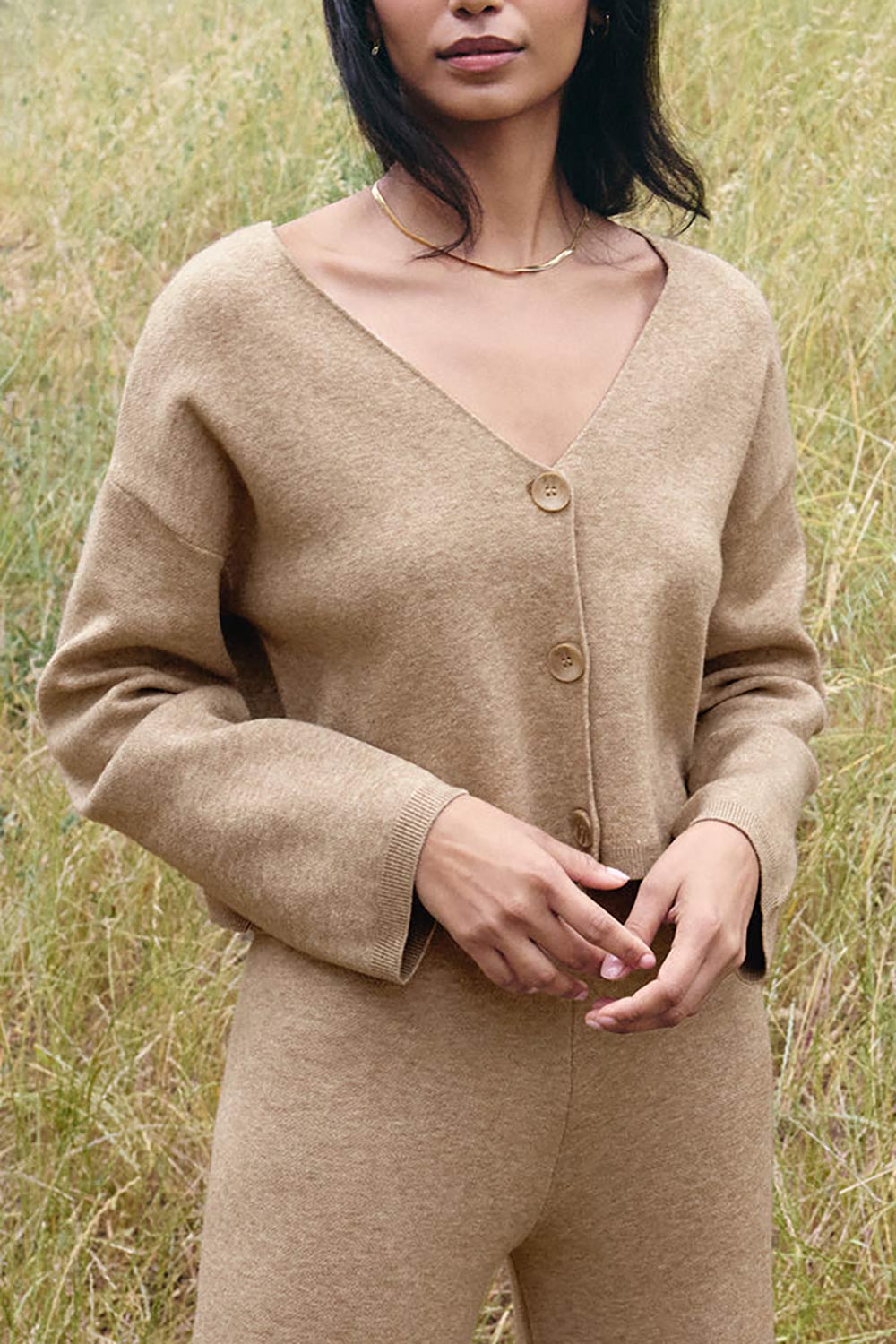 Joona Cropped Taupe Cardigan | La petite garçonne model close-up