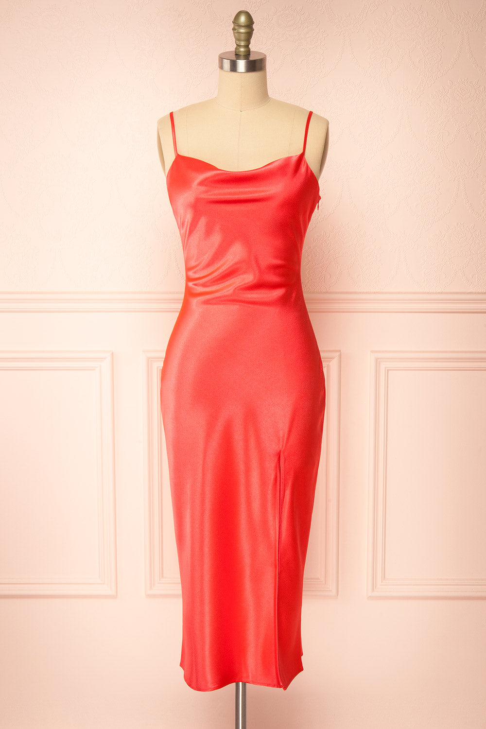 Jordy Coral-Red Satin Midi Dress w/ Slit | Boutique 1861 front view