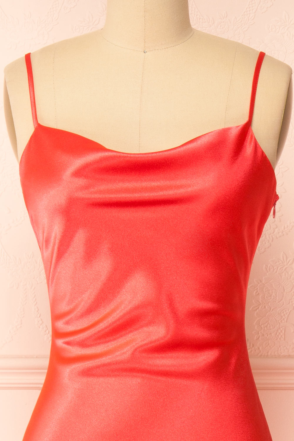 Jordy Coral-Red Satin Midi Dress w/ Slit | Boutique 1861 front