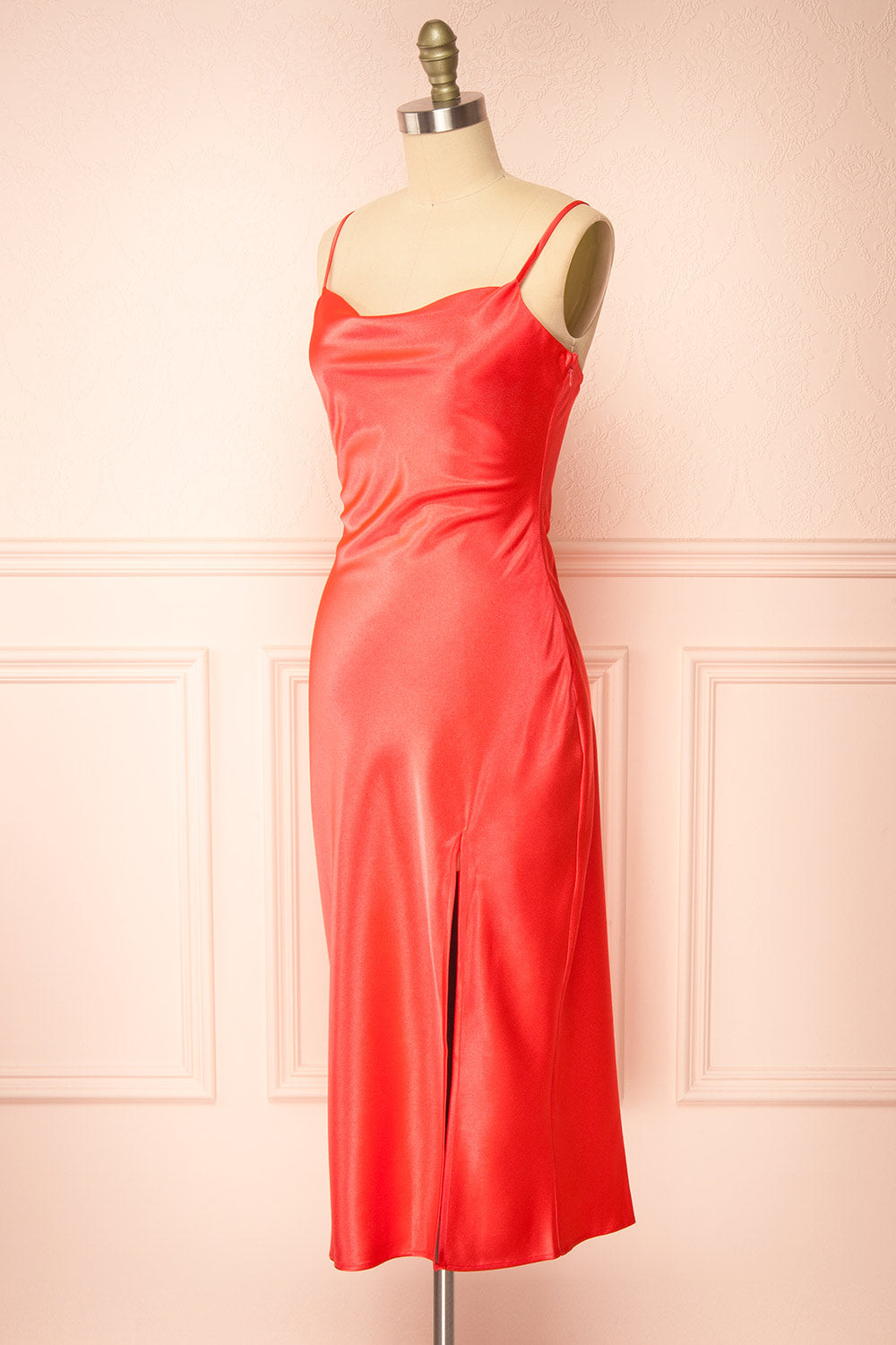 Jordy Coral-Red Satin Midi Dress w/ Slit | Boutique 1861 side view