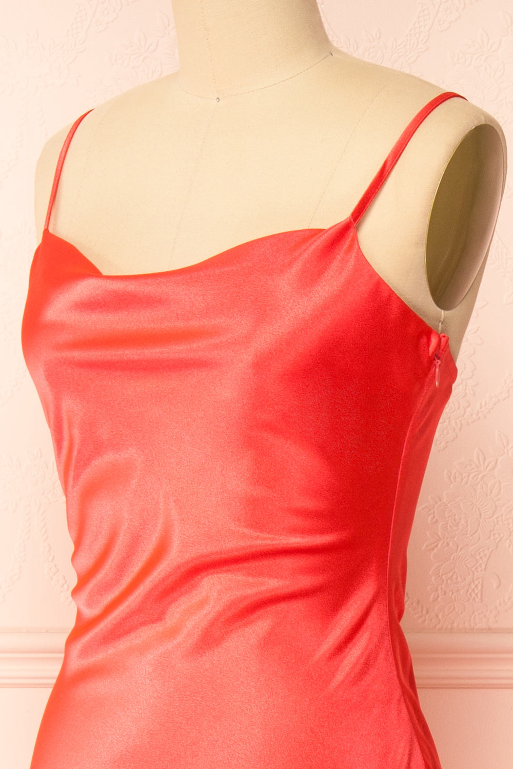 Jordy Coral-Red Satin Midi Dress w/ Slit | Boutique 1861 side
