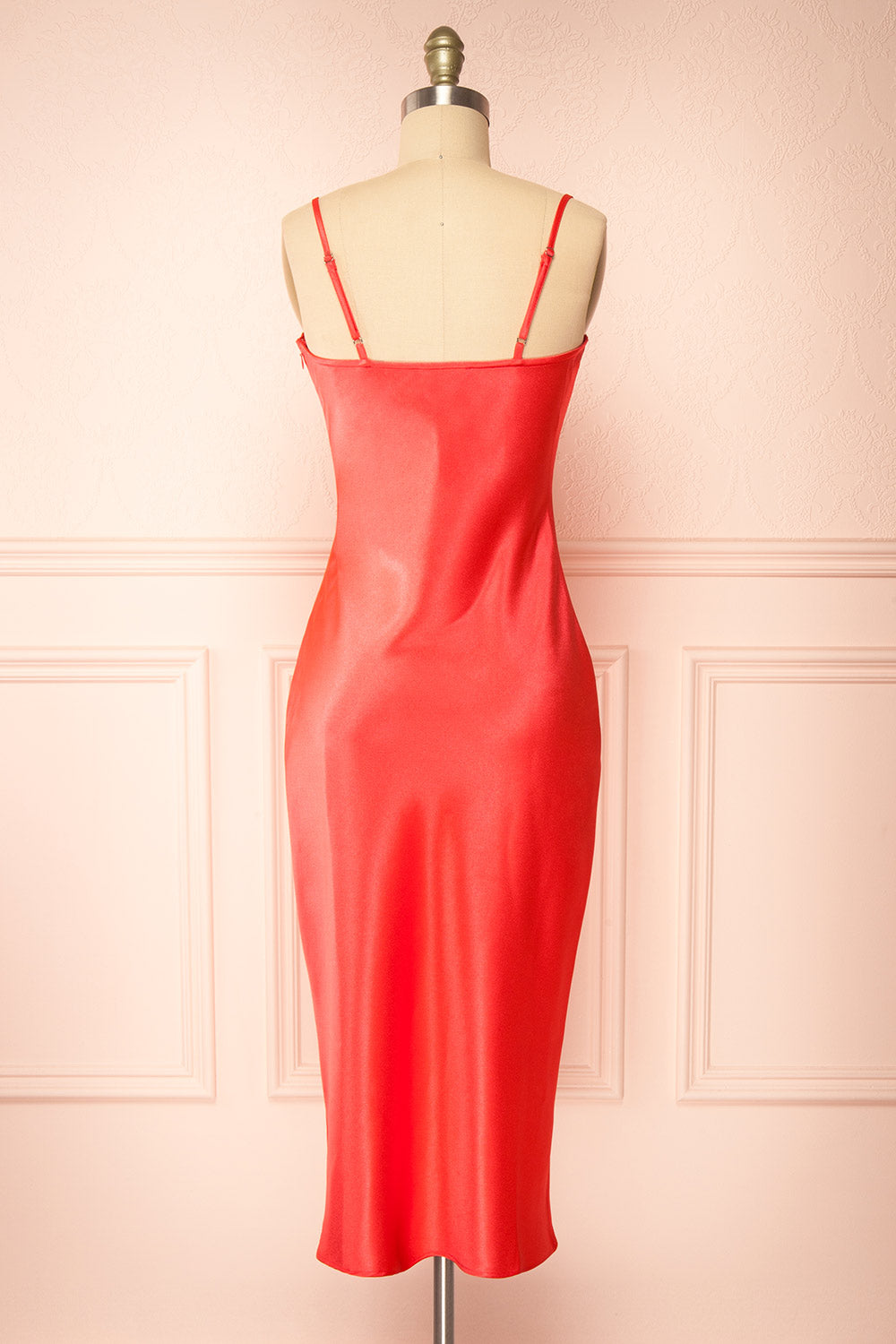 Jordy Coral-Red Satin Midi Dress w/ Slit | Boutique 1861 back view