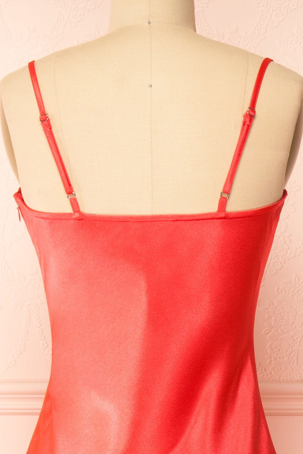 Jordy Coral-Red Satin Midi Dress w/ Slit | Boutique 1861 back