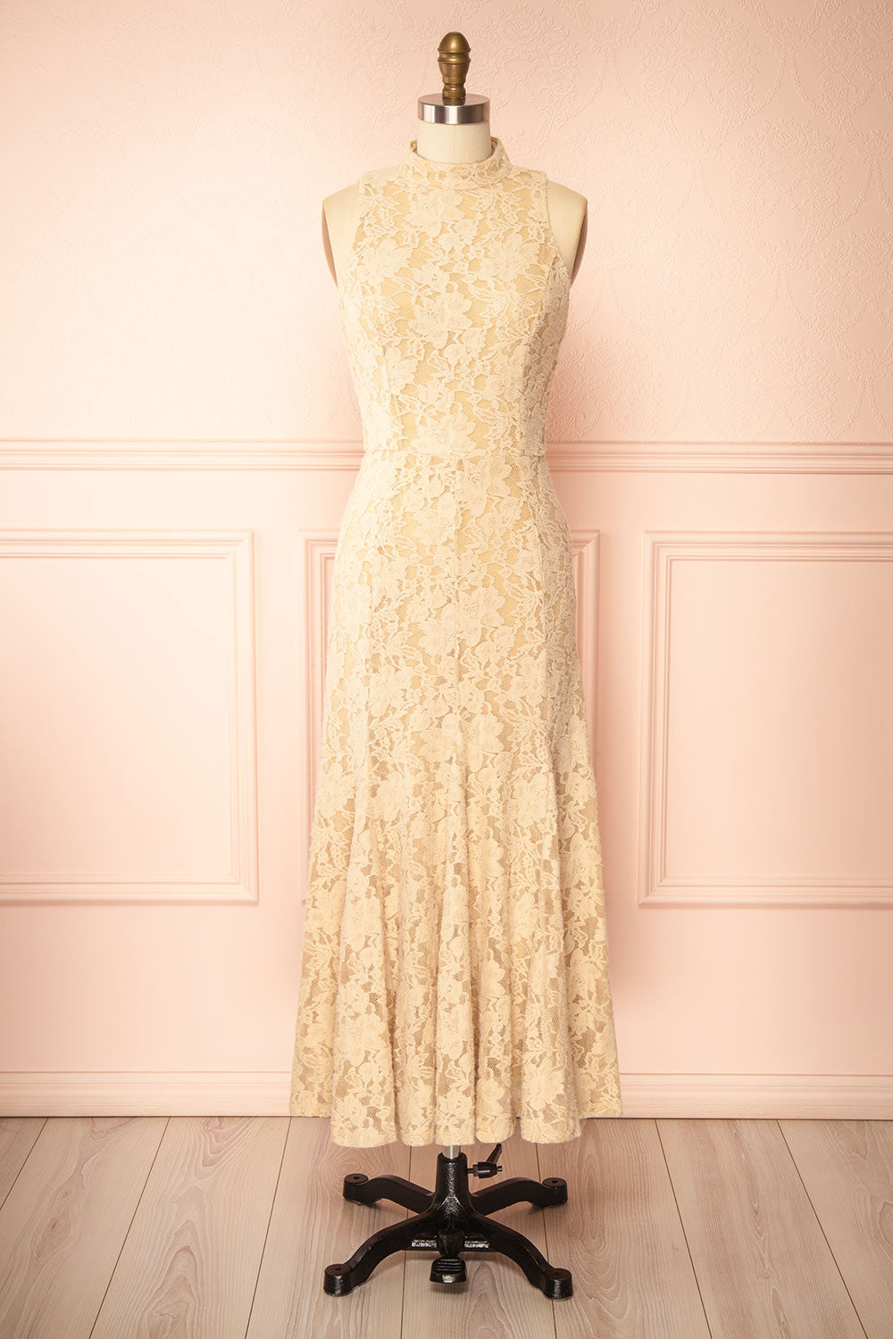Josephine | Robe Midi Sans Manches Beige en Dentelle