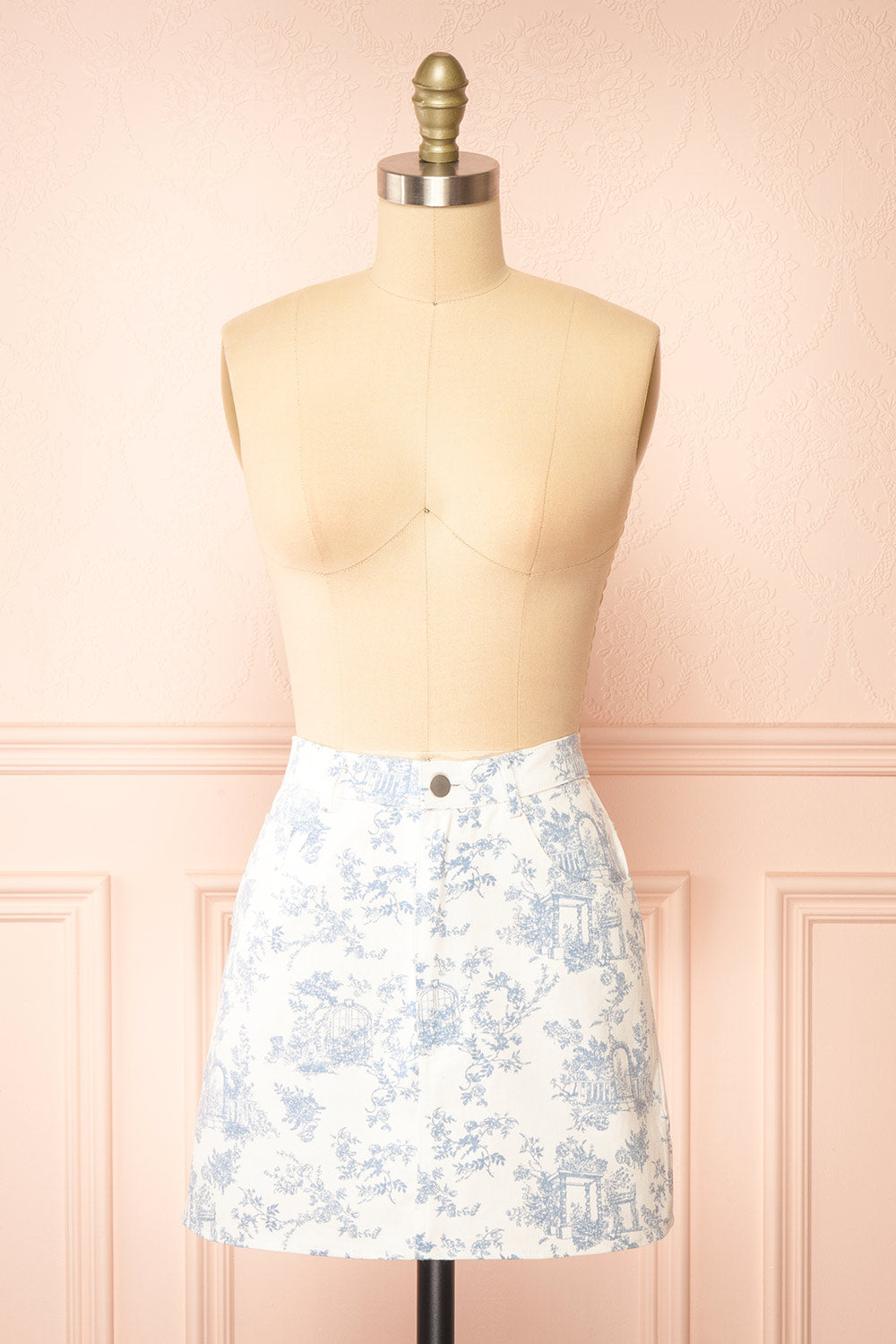 Journia Short White Skirt w/ Blue Vintage Print | Boutique 1861 front view