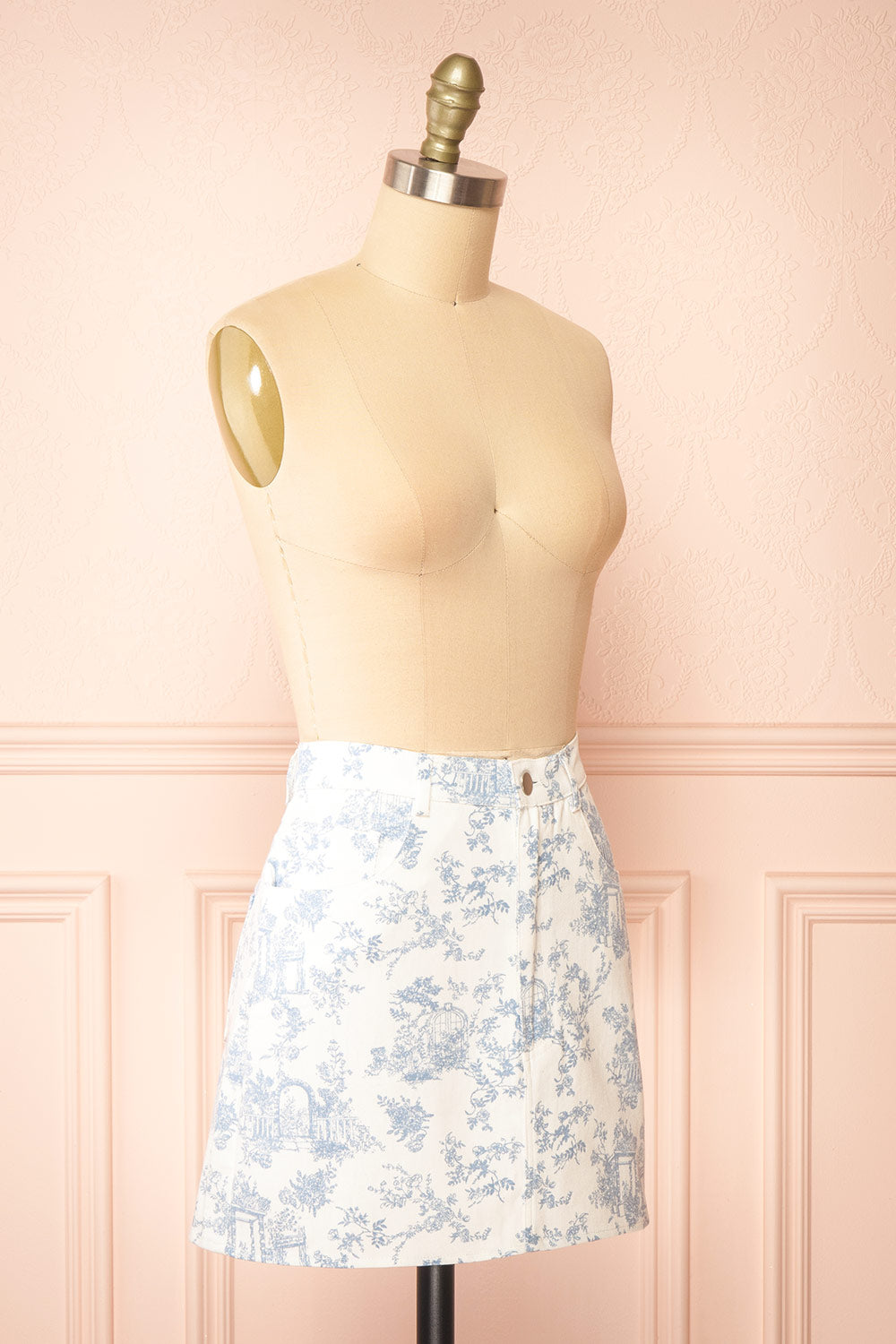 Journia Short White Skirt w/ Blue Vintage Print | Boutique 1861 side view