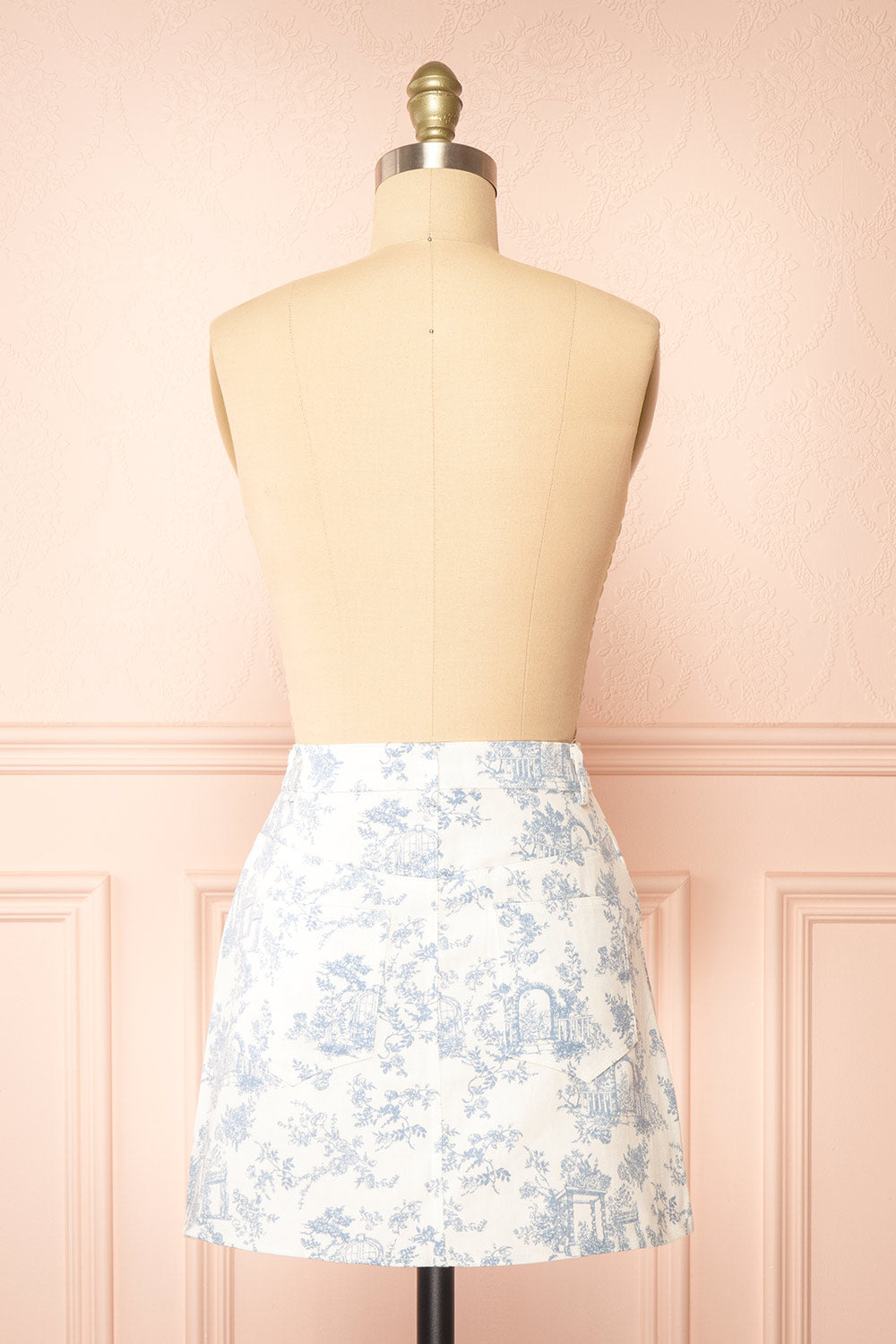 Journia Short White Skirt w/ Blue Vintage Print | Boutique 1861 back view