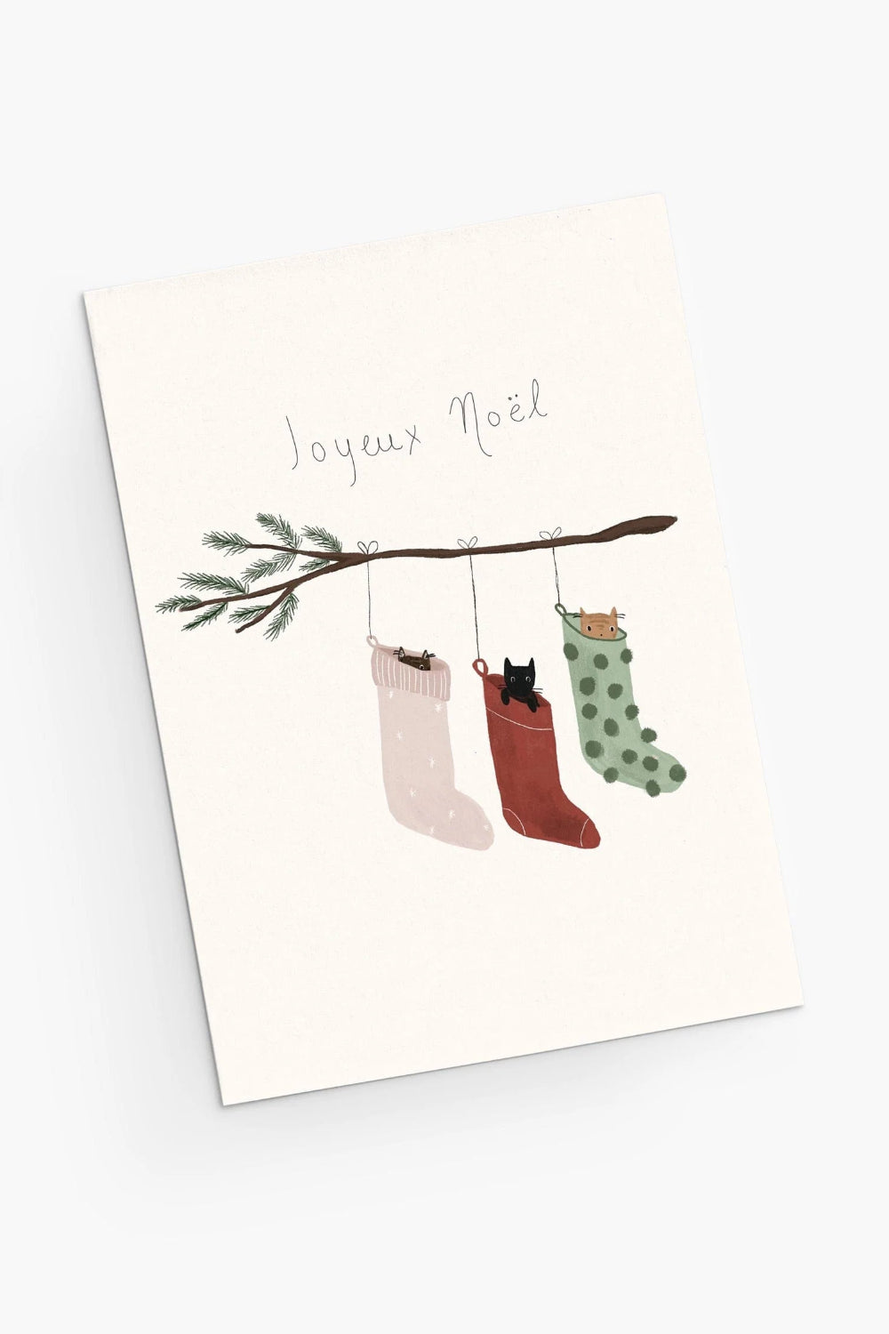 Christmas card from Mimi & August with stockings and a cat, featuring 'Joyeux Noel' text.