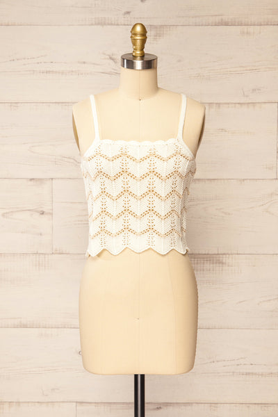 Juksu Ivory Crochet Top w/ Herringbone Pattern | La petite garçonne front view