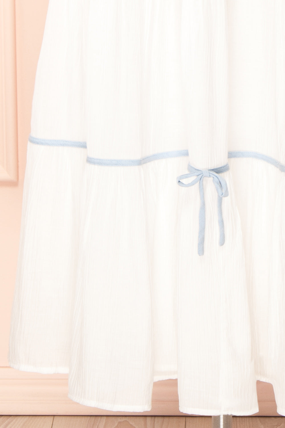 Juliriel White Midi Dress w/ Blue Ribbons | Boutique 1861 bottom close-up