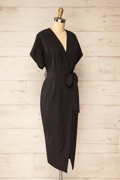 Junin Black Short Sleeve Wrap Midi Dress | La petite garçonne  side view