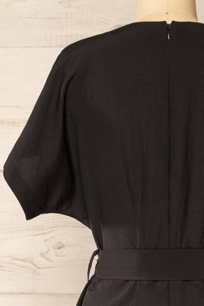 Junin Black Short Sleeve Wrap Midi Dress | La petite garçonne  back close-up