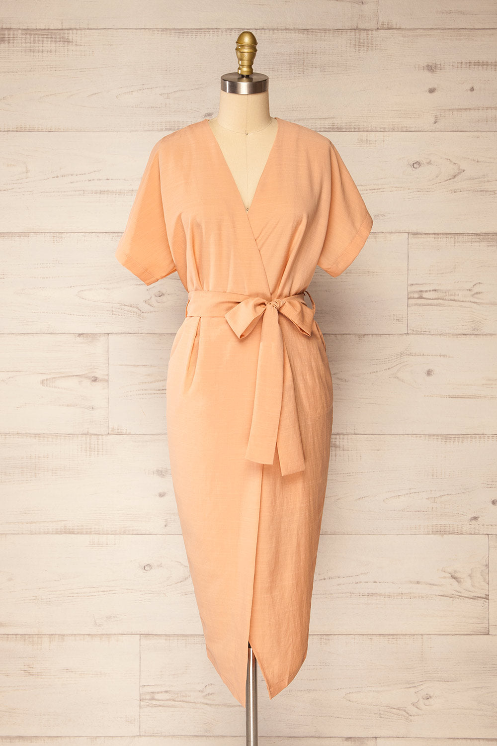 Junin Orange Short Sleeve Wrap Midi Dress | La petite garçonne front view