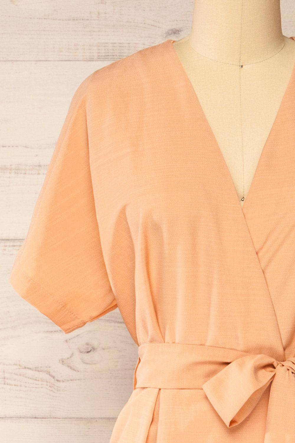 Junin Orange Short Sleeve Wrap Midi Dress | La petite garçonne front close-up