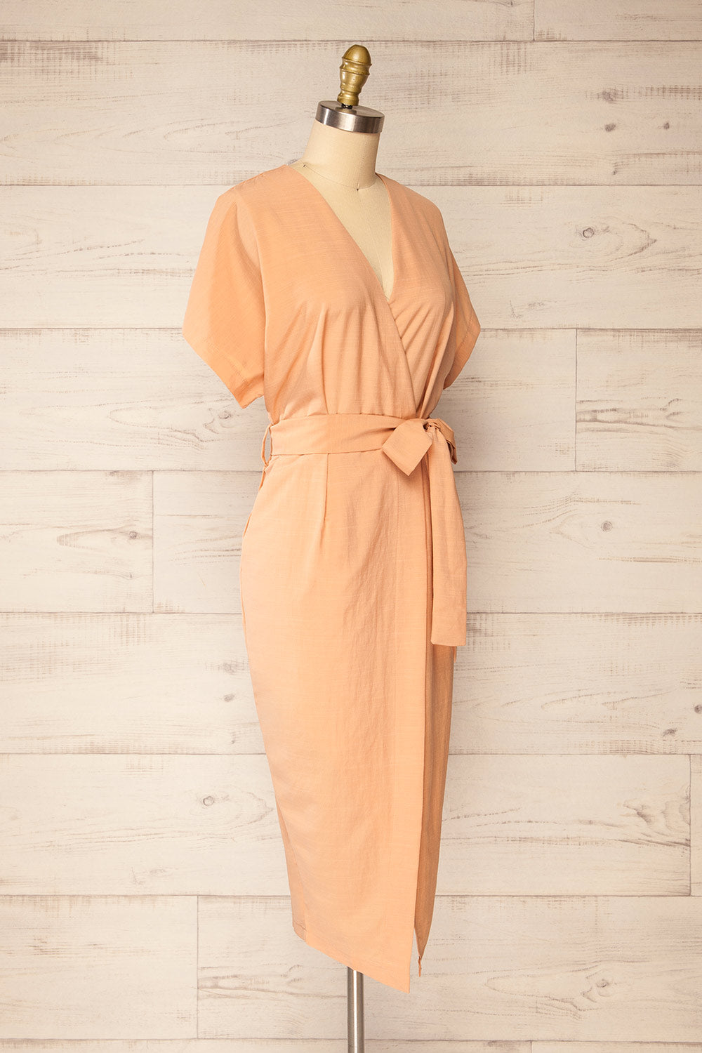 Junin Orange Short Sleeve Wrap Midi Dress | La petite garçonne side view