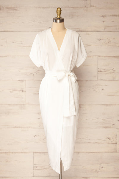 Junin White Short Sleeve Wrap Midi Dress | La petite garçonne front view