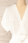 Junin White Short Sleeve Wrap Midi Dress | La petite garçonne front close-up