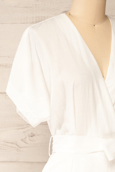 Junin White Short Sleeve Wrap Midi Dress | La petite garçonne side close-up