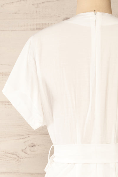 Junin White Short Sleeve Wrap Midi Dress | La petite garçonne back close-up