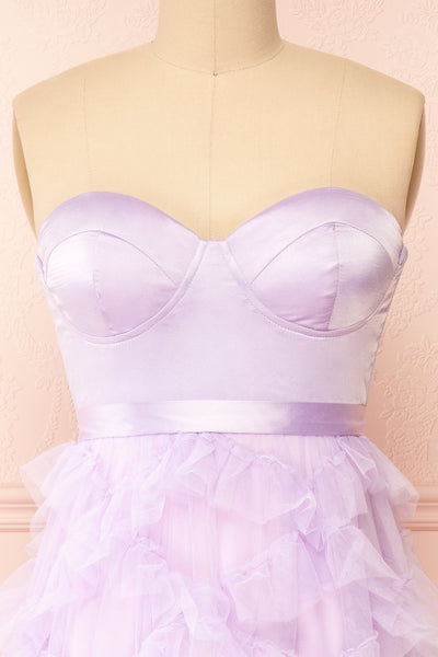 Jurin Lavender Bustier Maxi Dress w/ Ruffled Tulle | Boutique 1861  front close-up