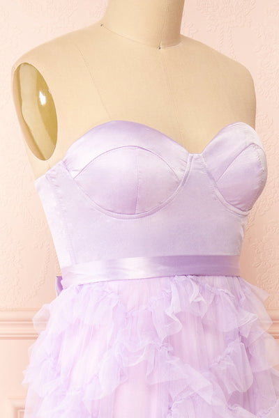 Jurin Lavender Bustier Maxi Dress w/ Ruffled Tulle | Boutique 1861  side close-up