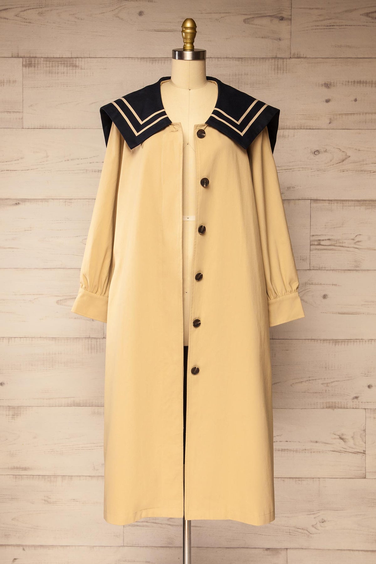 open view of Juruti Beige Sailor Collar Long Trench Coat with Belt at La petite garçonne