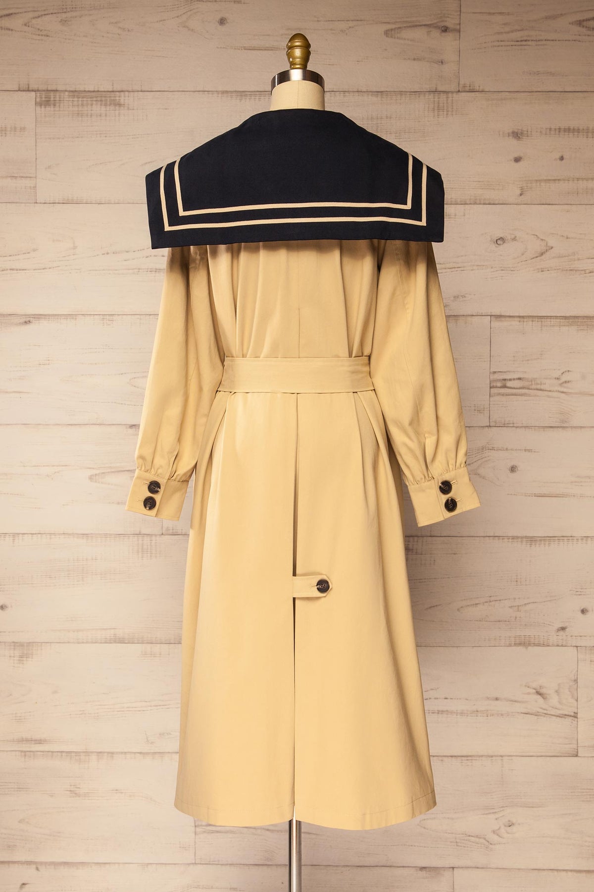 back view of Juruti Beige Sailor Collar Long Trench Coat with Belt at La petite garçonne