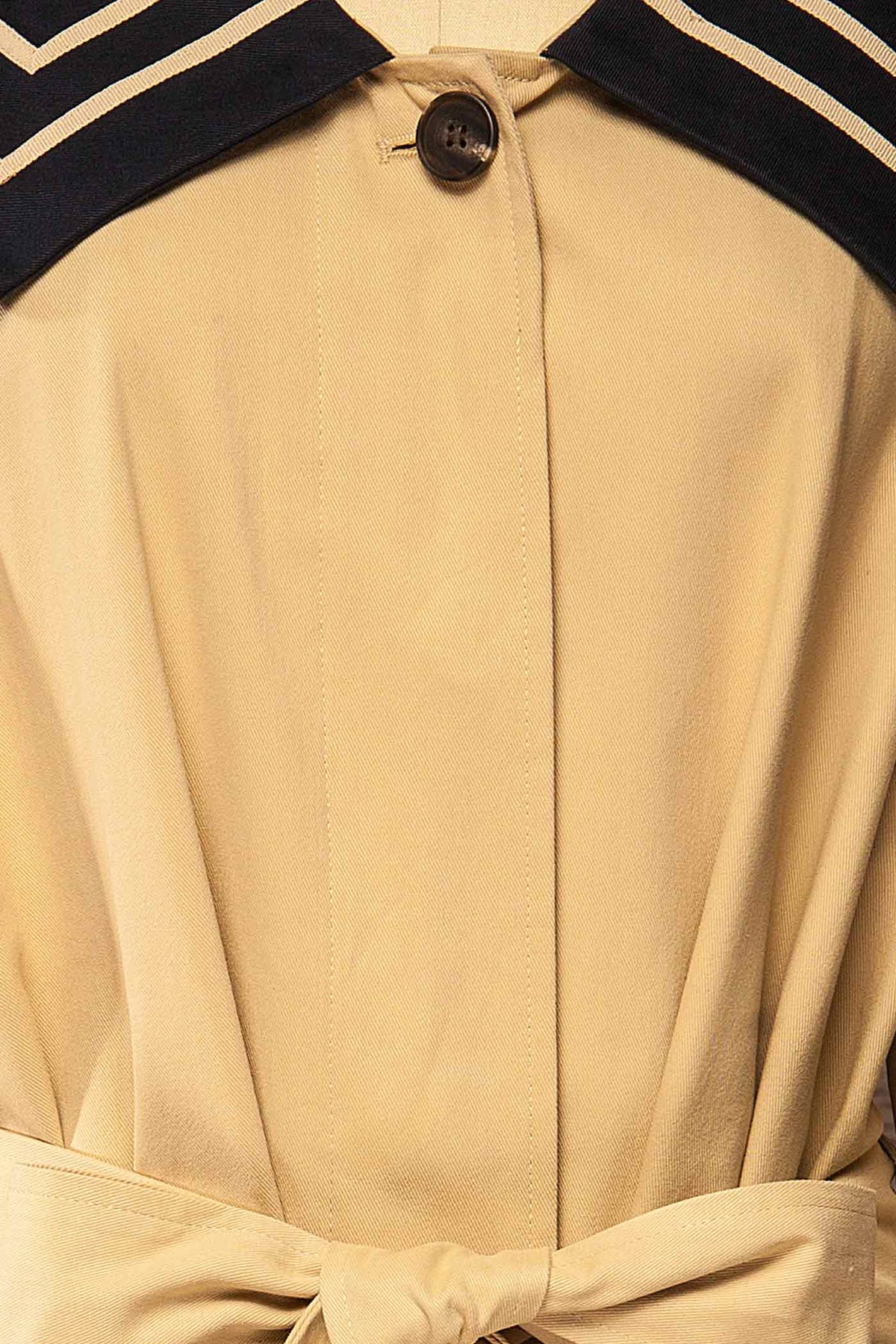 fabric view of Juruti Beige Sailor Collar Long Trench Coat with Belt at La petite garçonne