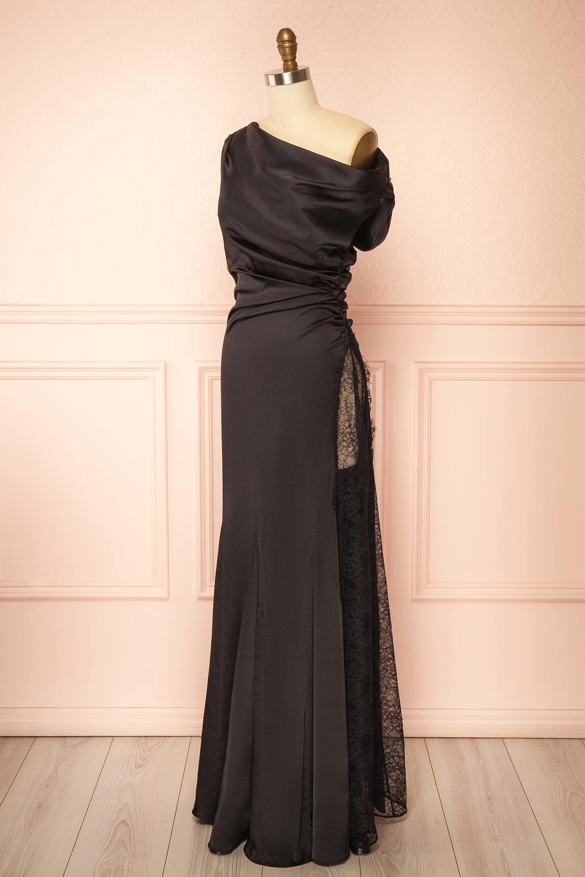 side view of Kaede Black Maxi Satin Dress with High Lace Inset at Boutique 1861