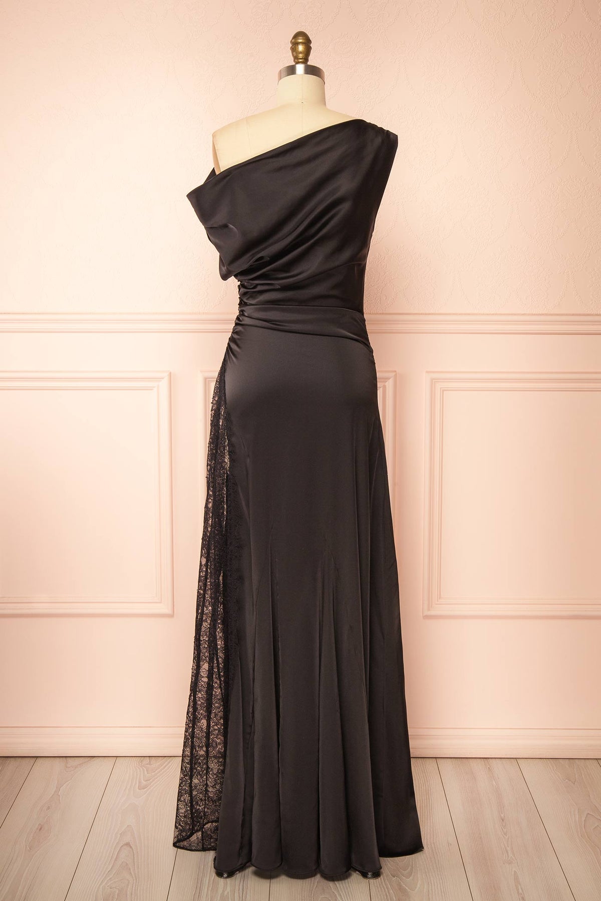 back view of Kaede Black Maxi Satin Dress with High Lace Inset at Boutique 1861
