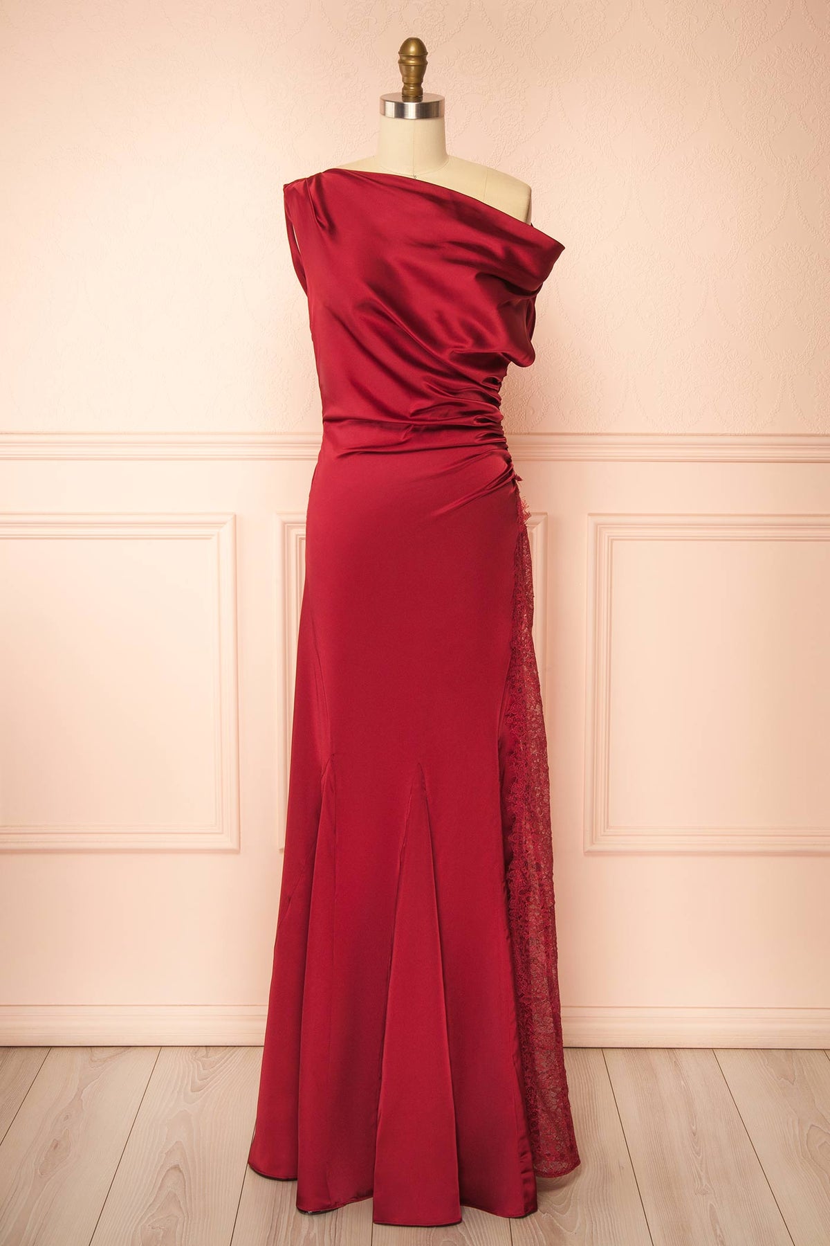 front view of Kaede burgundy Maxi Satin Dress with High Lace Inset at Boutique 1861