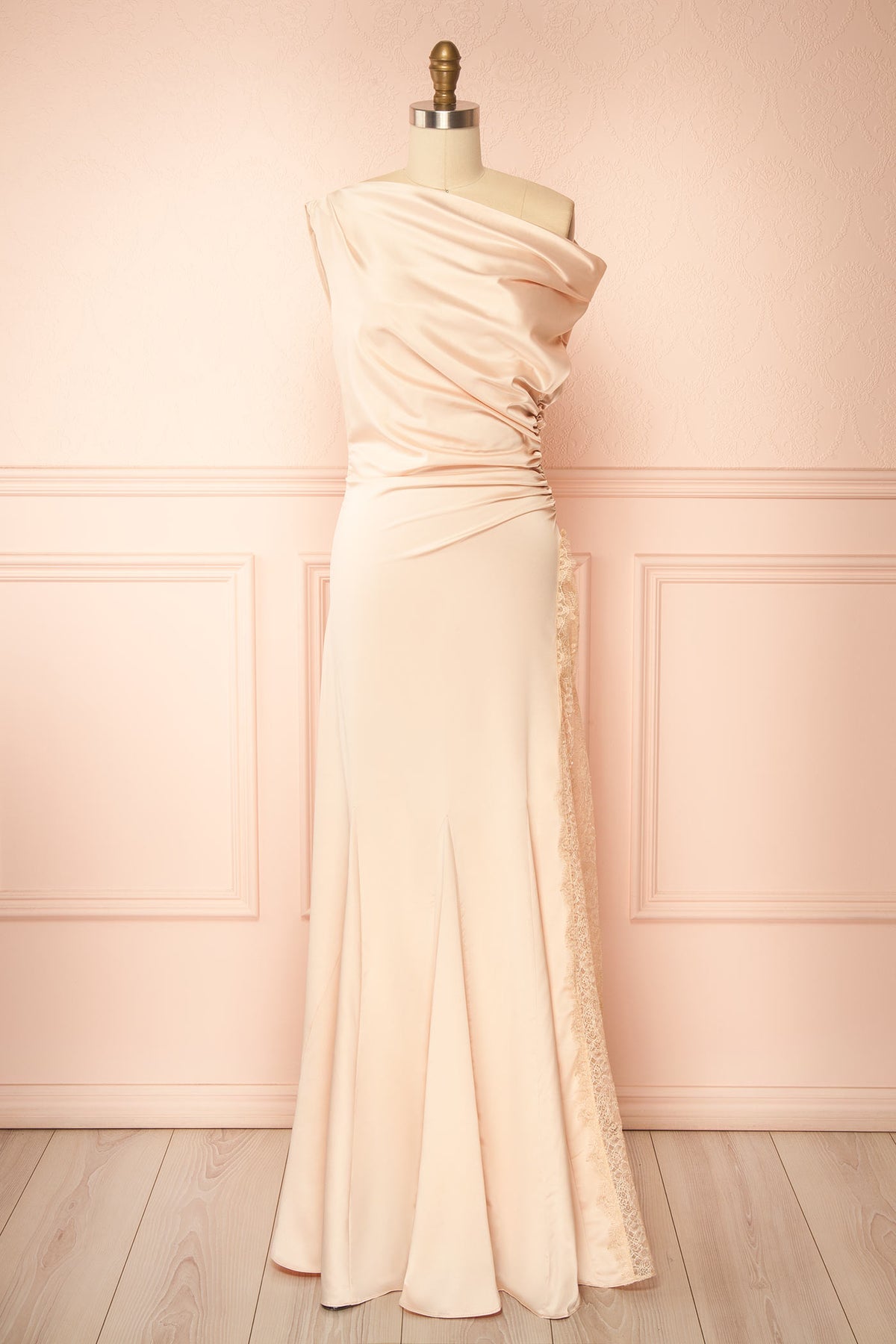 front view of Kaede Champagne Maxi Satin Dress with High Lace Inset at Boudoir 1861