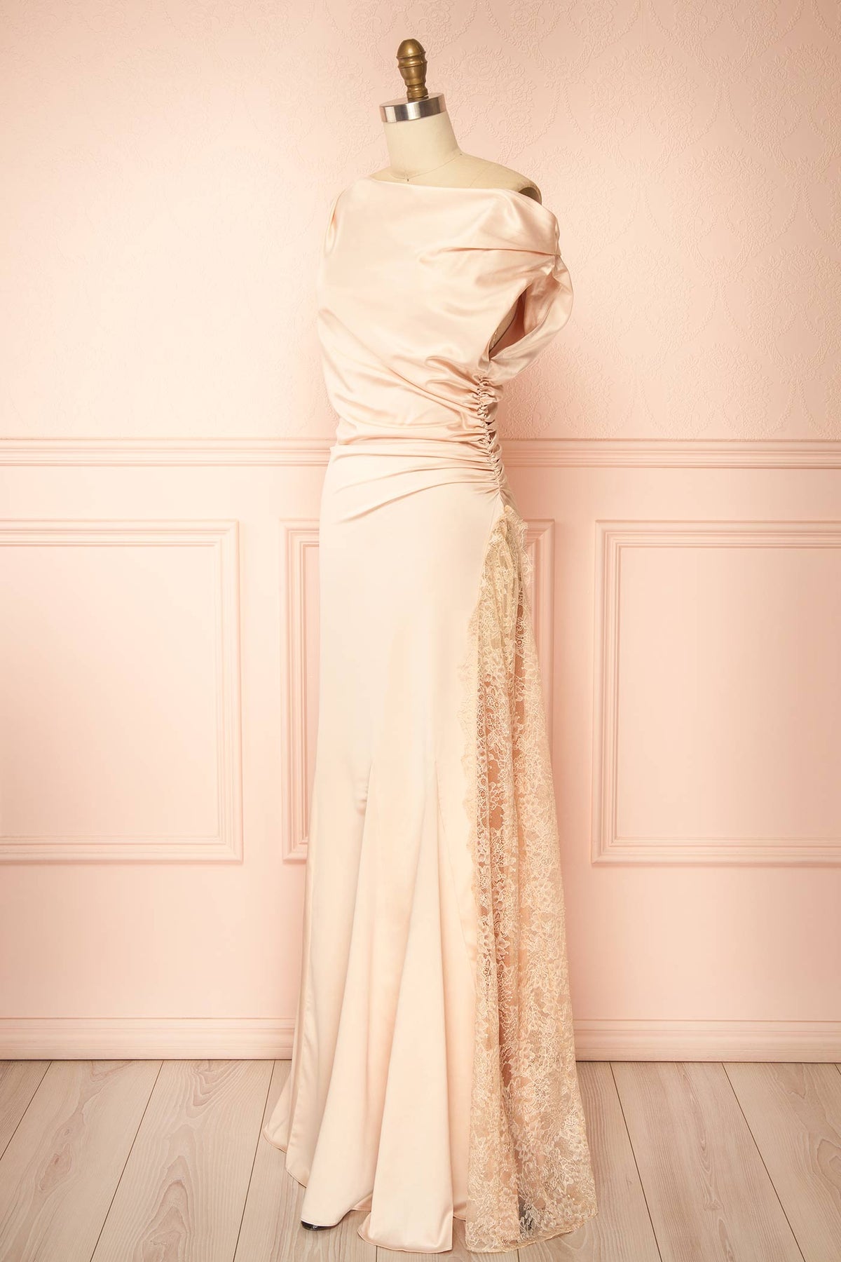side view of Kaede Champagne Maxi Satin Dress with High Lace Inset at Boudoir 1861
