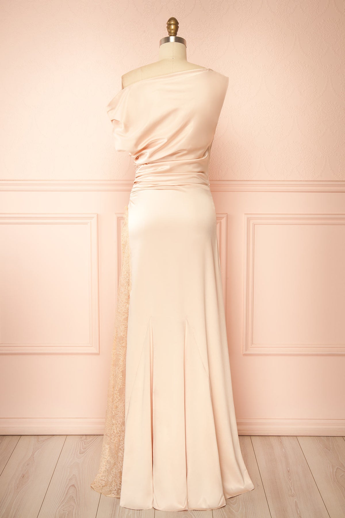 back view of Kaede Champagne Maxi Satin Dress with High Lace Inset at Boudoir 1861