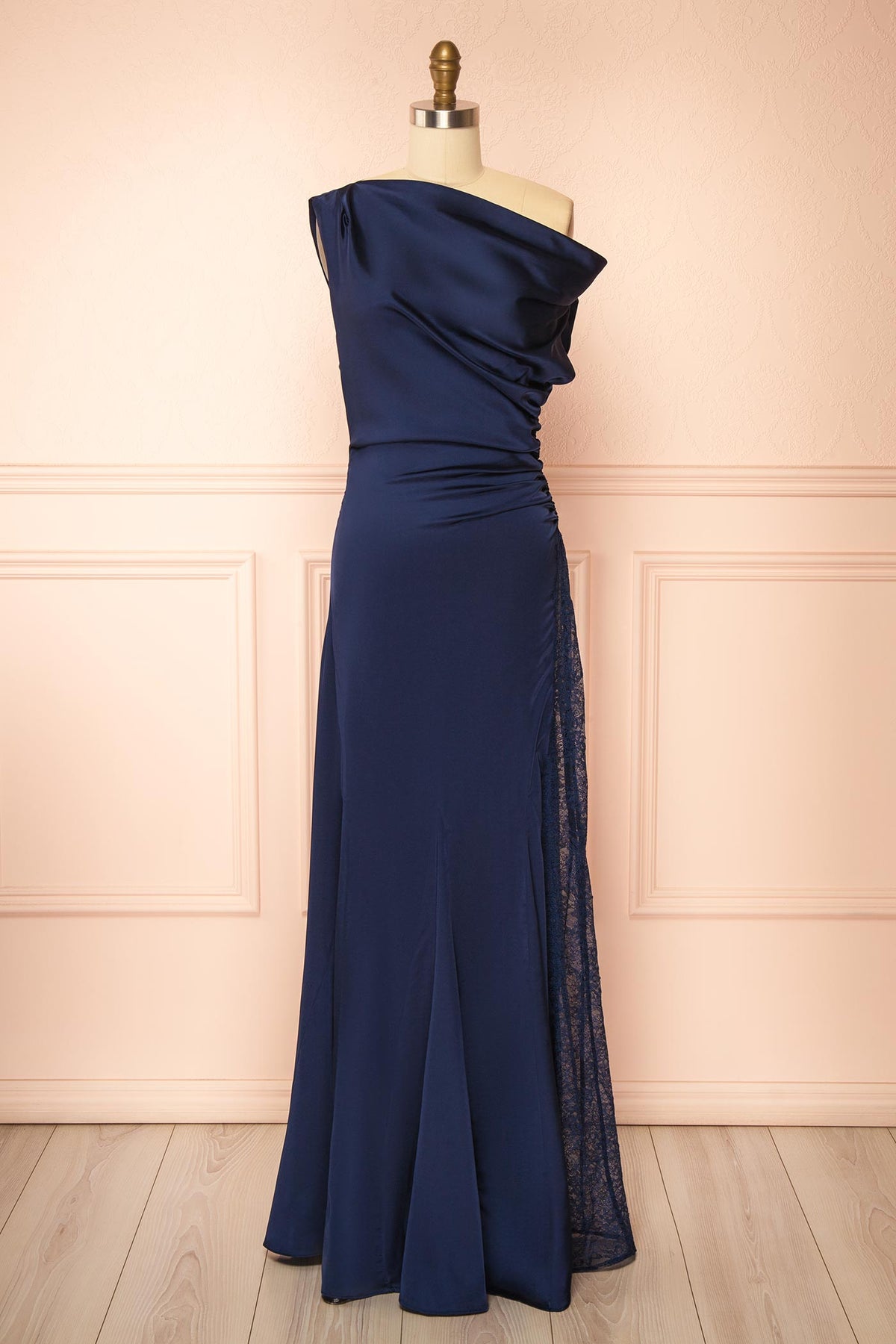 front view of Kaede Navy Maxi Satin Dress with High Lace Inset at Boutique 1861