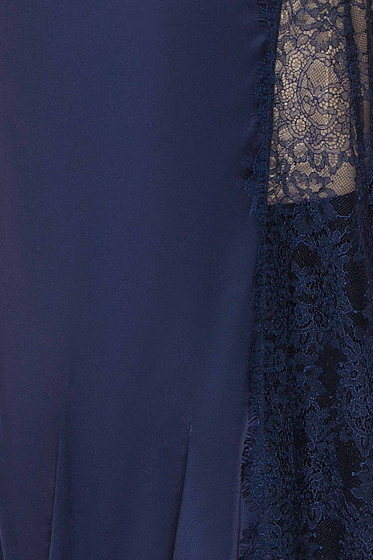fabric view of Kaede Navy Maxi Satin Dress with High Lace Inset at Boutique 1861