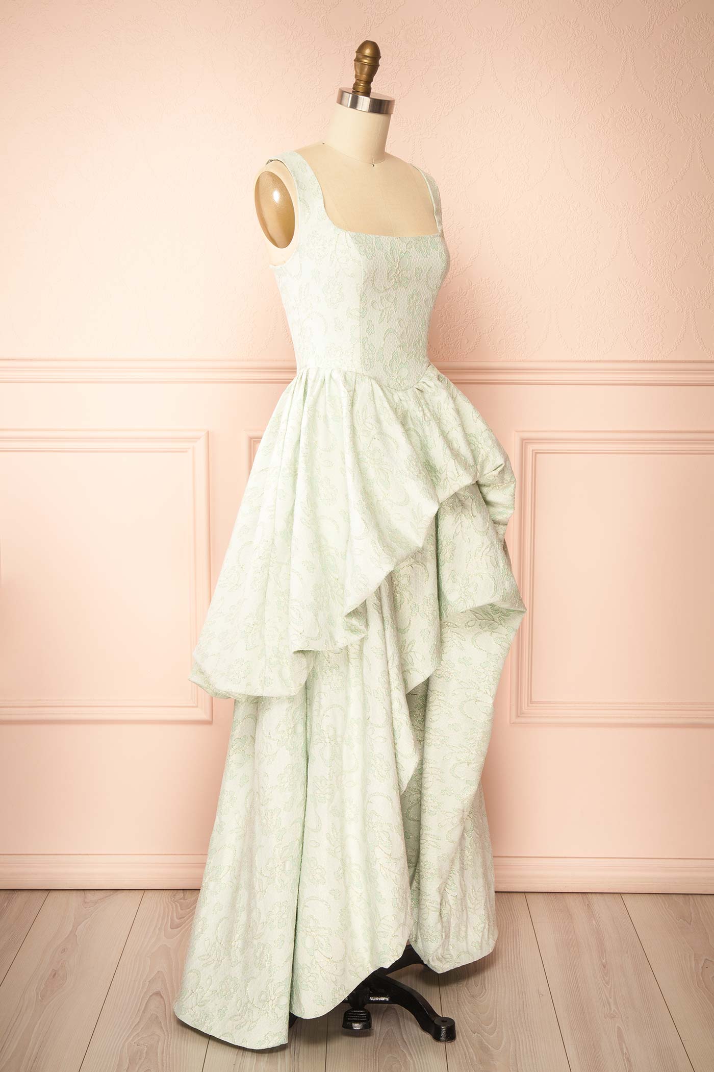 Kaeris | Sage Floral Shimmering Jacquard High-Low Dress