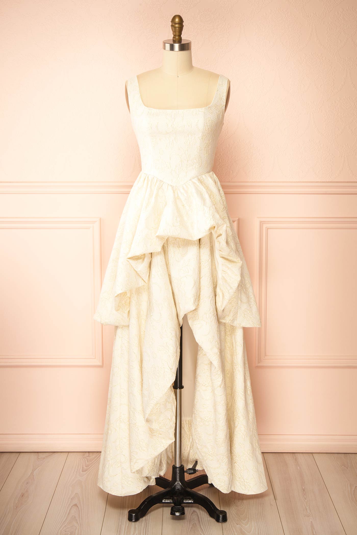 Kaeris Ivory Floral Shimmering Jacquard High-Low Dress | Boutique 1861 front
