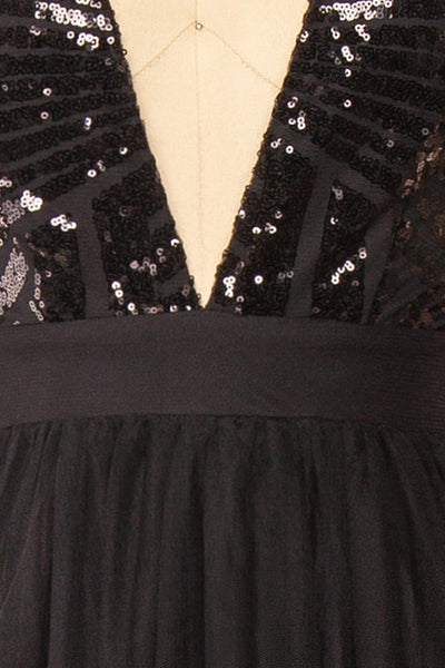 Kaia Night Black Sequin & Plunging Neckline Gown | Boutique 1861 fabric