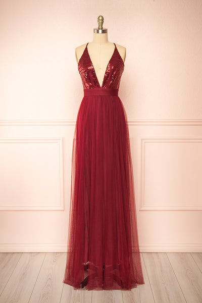Kaia Burgundy Sequin Gown | Boutique 1861 front view