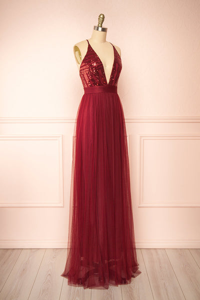 Kaia Burgundy Sequin Gown | Boutique 1861 side view
