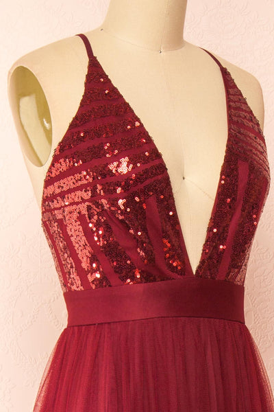 Kaia Burgundy Sequin Gown | Boutique 1861 side close-up