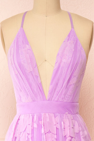 Kailania Lavender Plunging Neckline Maxi Gown | Boutique 1861 front close-up