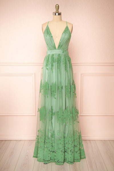 Kailania Sage Plunging Neckline Maxi Gown | Boutique 1861 front view